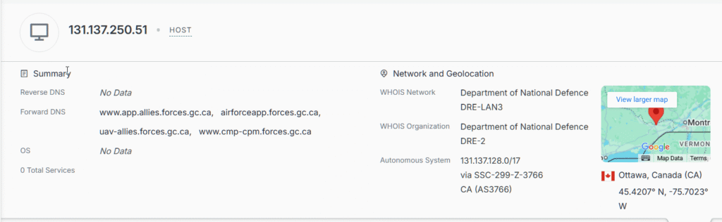 Censys Report for Canadian Department of National Defence IP 131.137.250.51