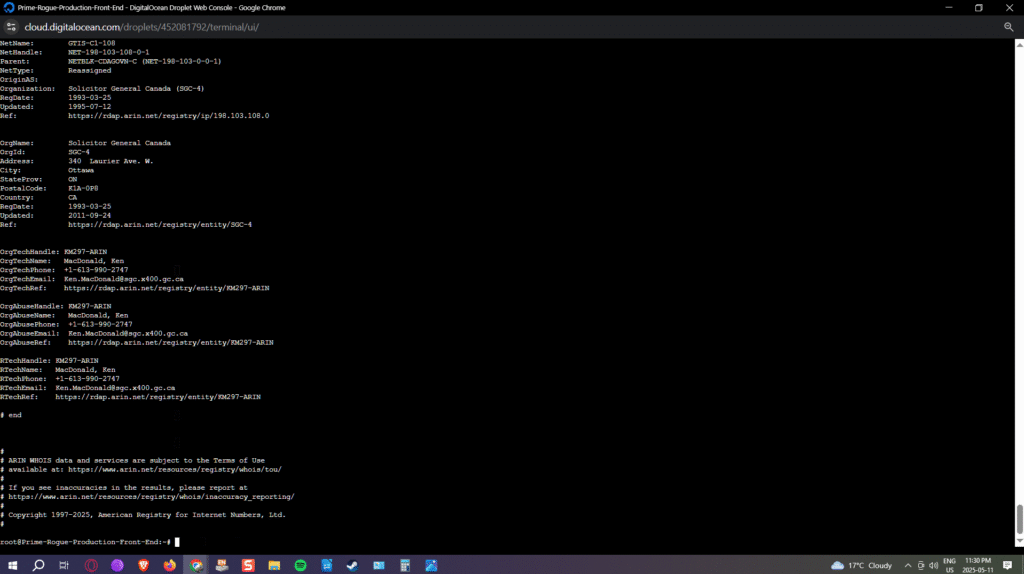 A screenshot of a linux terminal showing that IP address 198.103.108.132 is under the control of the Office of the Solicitor General of Canada.