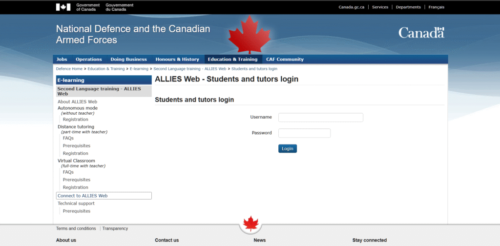 Canadian Department of Defence ALLIES Web student and tutor login page.