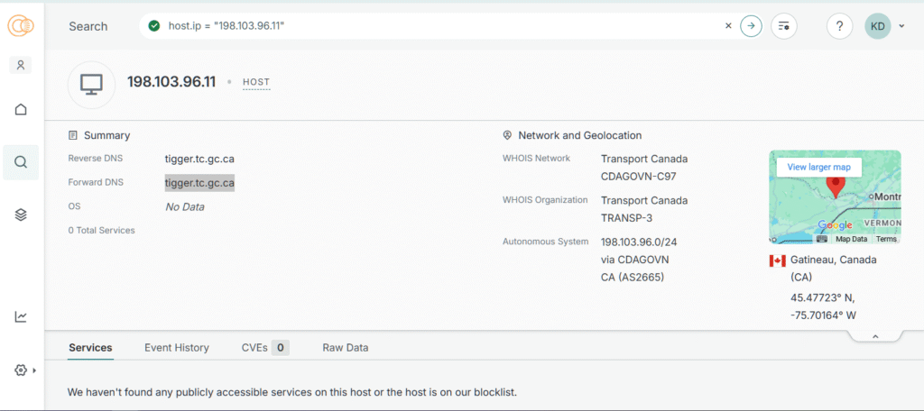 Censys Reverse Attribution for Shared Services Canada IP 198.103.96.11 to Transport Canada
